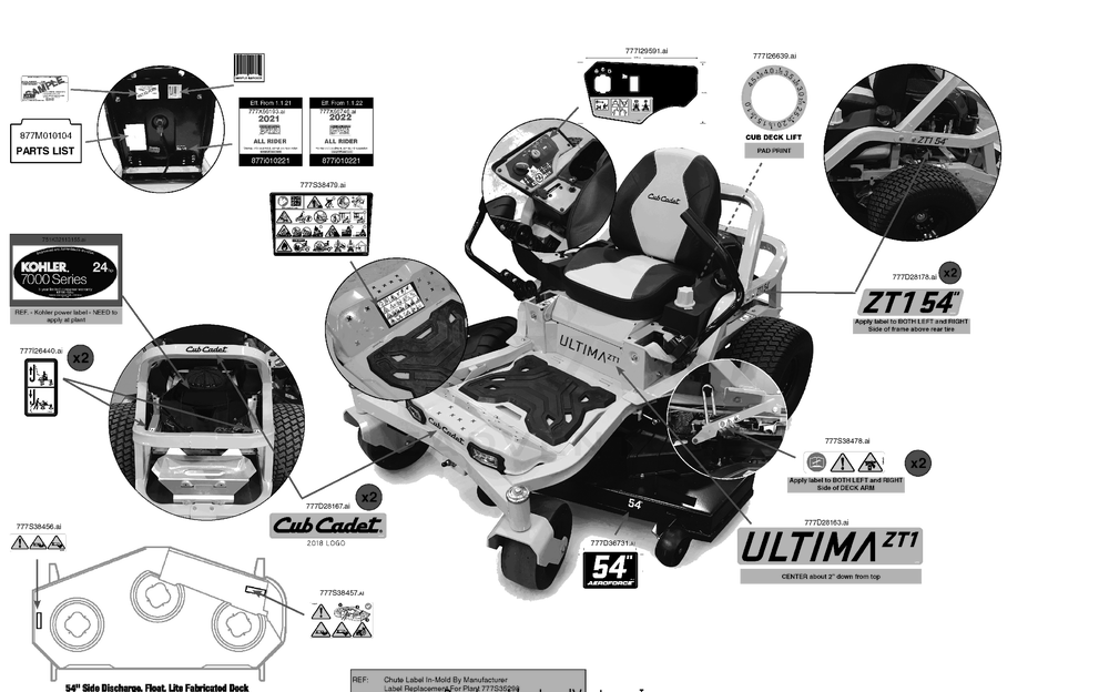 Label Map Diagram and Parts List for ZT1-54KH (17CM010)(2022) Cub Cadet Lawn Tractor